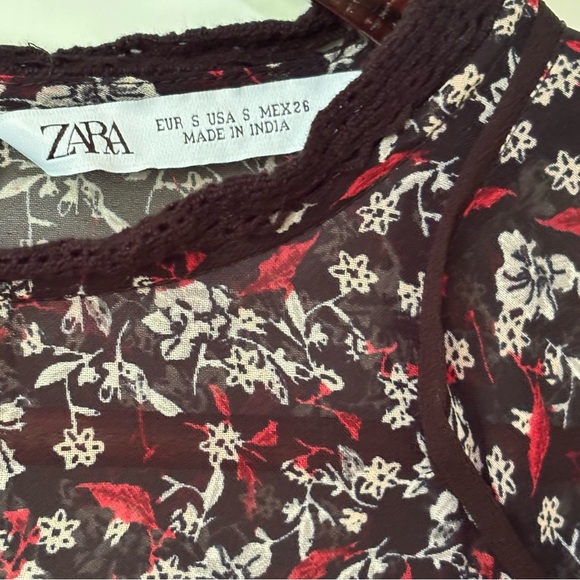 Zara| Gothic Black White and Red Floral Sheer Blouse Peasant Sleeves Sz S - Picture 3 of 4